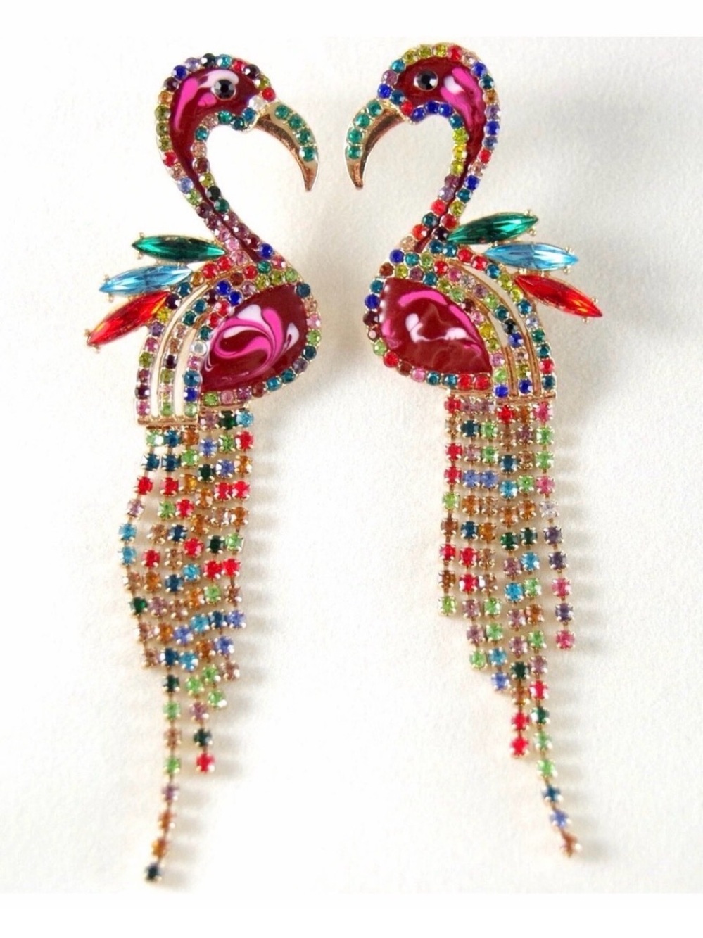 New Natasha Colorful Flamingo Drop Earrings - Red Multi-Color Crystal Fringe - Picture 5 of 14